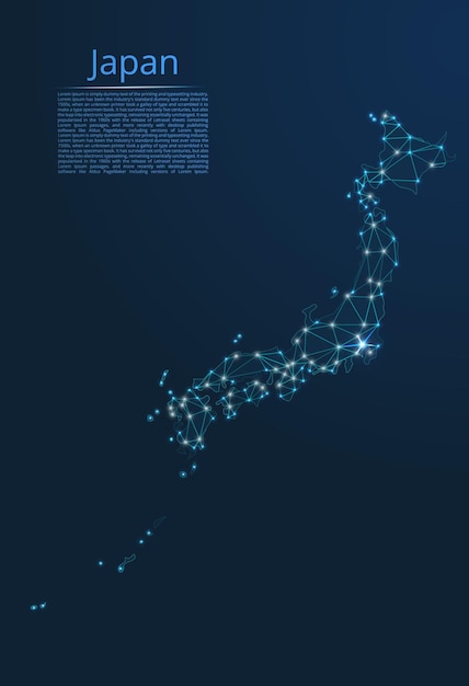 Mapa de la red de comunicación de japón imagen vectorial de baja poli de un mapa global con luces