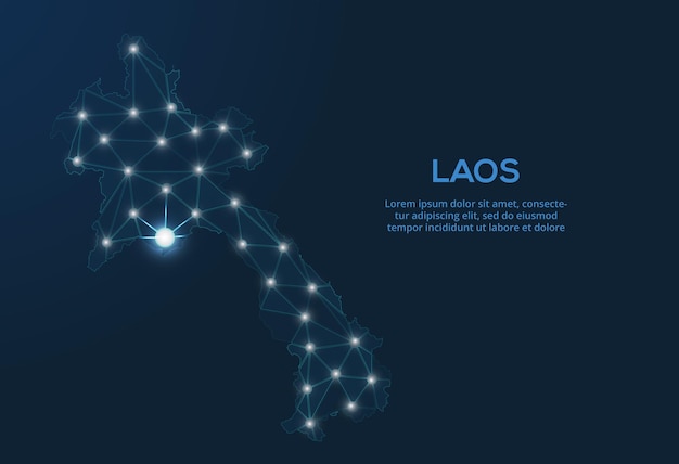 Mapa de la red de comunicación de laos imagen vectorial de baja poli de un mapa global con luces en forma de ciudades mapa en forma de constelación muda y estrellas