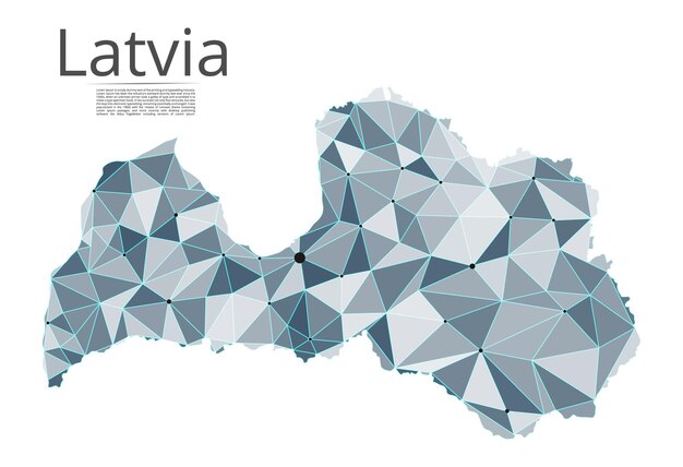 Mapa de la red de comunicación de Letonia Imagen vectorial de baja poli de un mapa global con luces en forma de ciudades