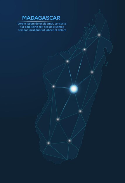Mapa de la red de comunicación de Madagascar Vector de imagen polivinílica baja de un mapa global con luces en forma de ciudades Mapa en forma de constelación muda y estrellas