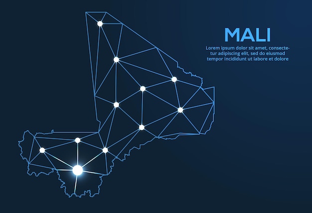 Mapa de la red de comunicación de malí imagen vectorial de baja poli de un mapa global con luces en forma de ciudades mapa en forma de constelación muda y estrellas