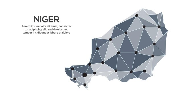 Mapa de la red de comunicación de Níger Imagen vectorial de un mapa global polivinílico bajo con luces de la ciudad Mapa en forma de triángulos y puntos