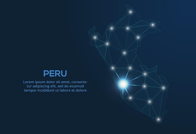 Mapa de la red de comunicación de perú imagen vectorial de baja poli de un mapa global con luces en forma de ciudades mapa en forma de constelación muda y estrellas