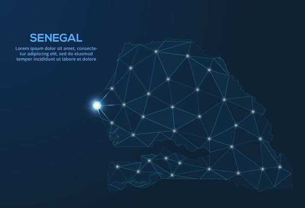 Mapa de la red de comunicación de senegal imagen vectorial de un mapa global con luces en forma de ciudades mapa en forma de constelación muda y estrellas