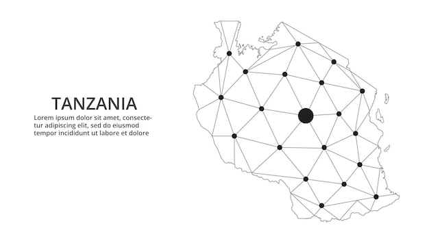 Mapa de la red de comunicación de Tanzania Vector imagen polivinílica baja de un mapa global con luces en forma de ciudades Mapa en forma de constelación muda y estrellas