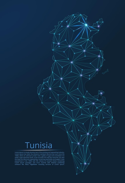 Mapa de la red de comunicación de túnez vector de imagen polivinílica baja de un mapa global con luces