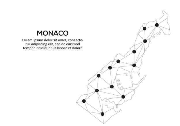 Mapa de la red de comunicaciones de Mónaco Imagen vectorial de un mapa global polivinílico bajo con luces de la ciudad Mapa en forma de líneas y puntos