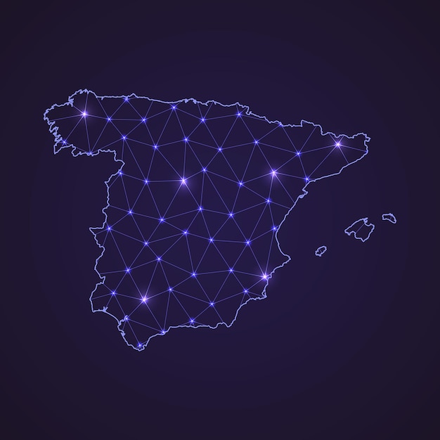Mapa de la red digital de España. Línea de conexión abstracta y punto sobre fondo oscuro
