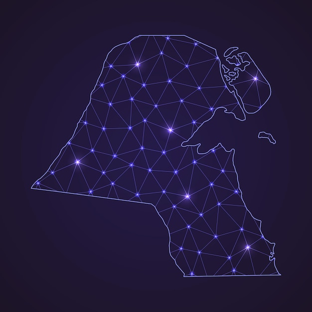Mapa de la red digital de Kuwait. Línea de conexión abstracta y punto sobre fondo oscuro