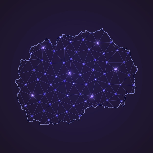 Mapa de la red digital de macedonia del norte. línea de conexión abstracta y punto sobre fondo oscuro