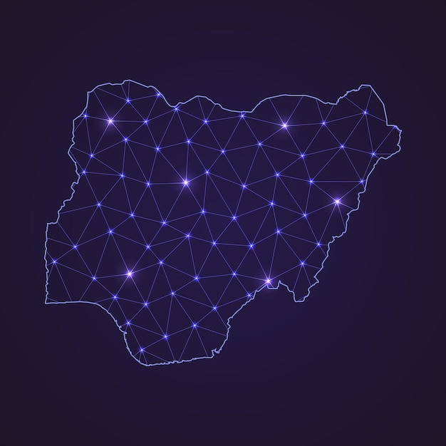 Mapa de la red digital de Nigeria. Línea de conexión abstracta y punto sobre fondo oscuro