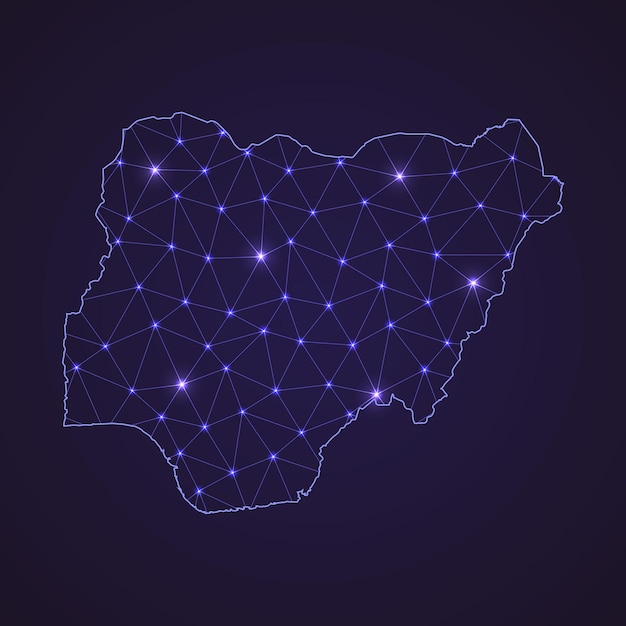 Mapa de la red digital de nigeria. línea de conexión abstracta y punto sobre fondo oscuro