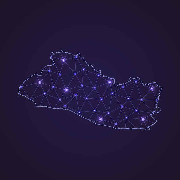 Mapa de la red digital de El Salvador. Línea de conexión abstracta y punto sobre fondo oscuro