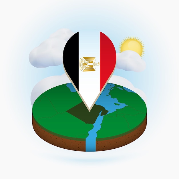 Mapa redondo isométrico de Egipto y marcador de puntos con bandera de Egipto Nube y sol en el fondo