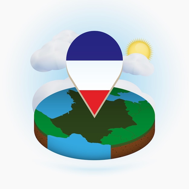 Mapa redondo isométrico de Francia y marcador de puntos con bandera de Francia Nube y sol en el fondo