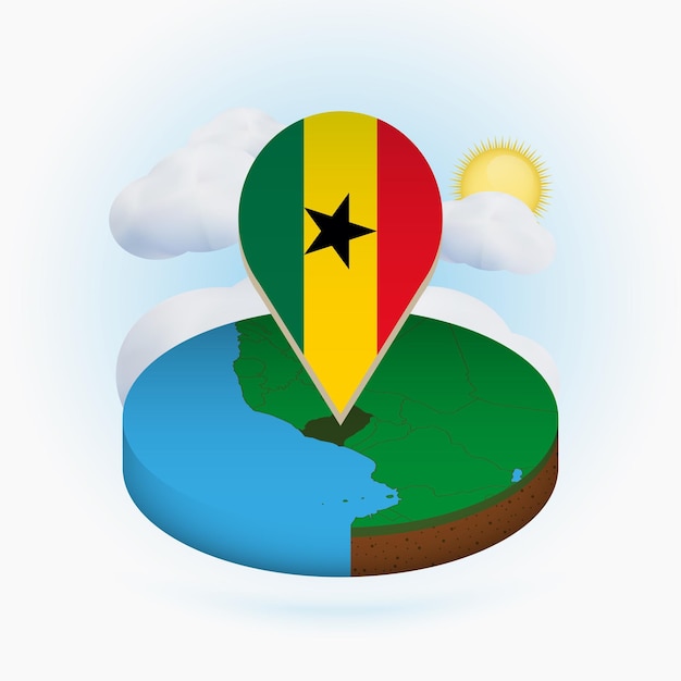 Mapa redondo isométrico de ghana y marcador de puntos con bandera de ghana nube y sol en el fondo