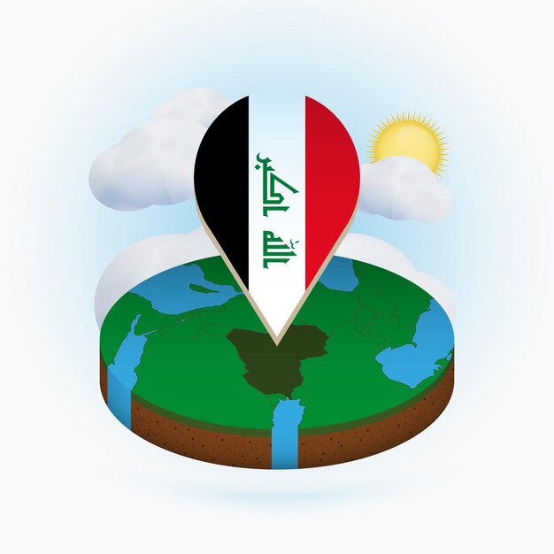 Mapa redondo isométrico de irak y marcador de puntos con bandera de irak nube y sol en el fondo