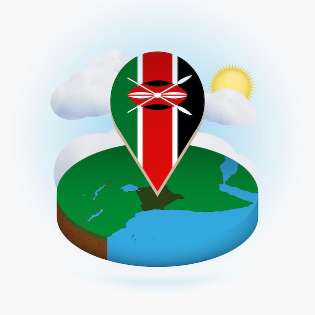 Mapa redondo isométrico de Kenia y marcador de puntos con bandera de Kenia Nube y sol en el fondo