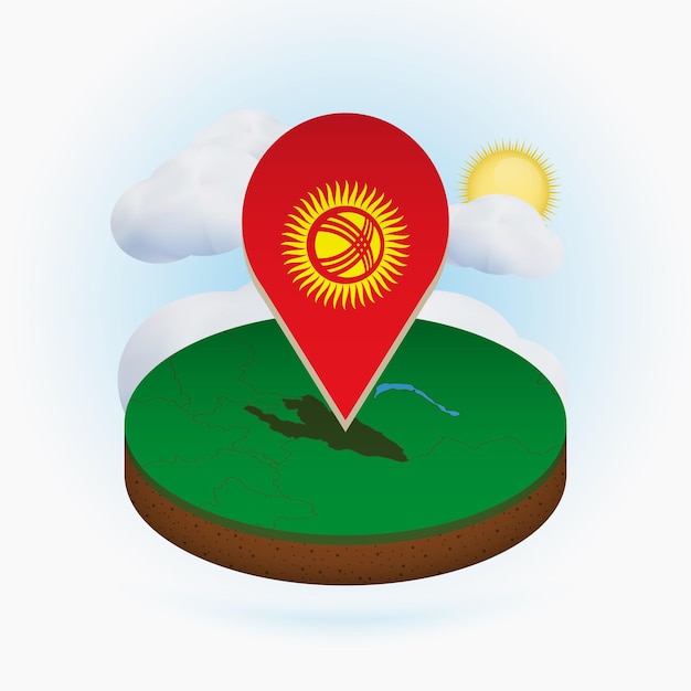 Mapa redondo isométrico de kirguistán y marcador de puntos con bandera de kirguistán nube y sol en el fondo