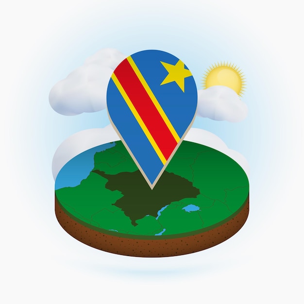 Mapa redondo isométrico de la república democrática del congo y marcador de puntos con bandera de la república democrática del congo nube y sol en el fondo