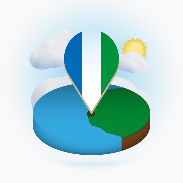 Mapa redondo isométrico de Sierra Leona y marcador de puntos con bandera de Sierra Leona Nube y sol en el fondo