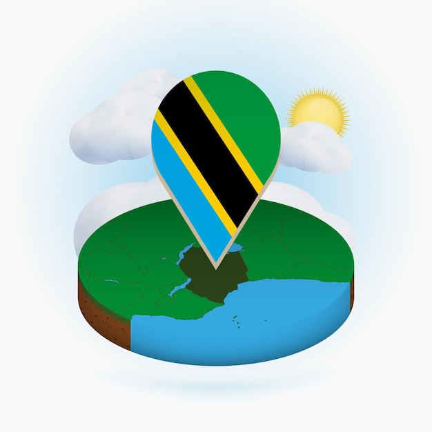 Vector mapa redondo isométrico de tanzania y marcador de puntos con bandera de tanzania nube y sol en el fondo