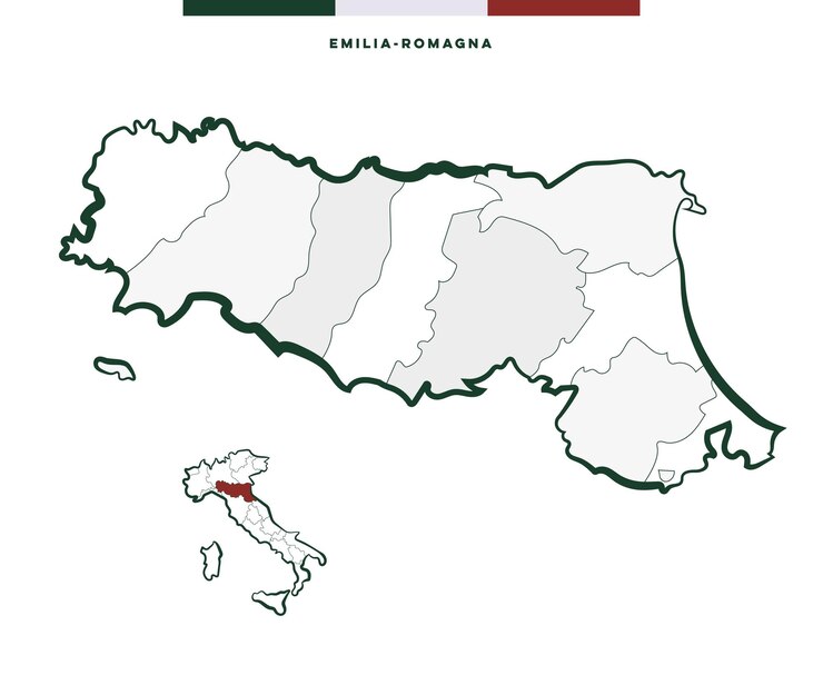 Mapa de la región de Emilia-Romagna, Italia