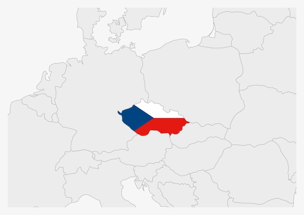 Vector mapa de la república checa resaltado en el mapa gris de los colores de la bandera de la república checa con los países vecinos