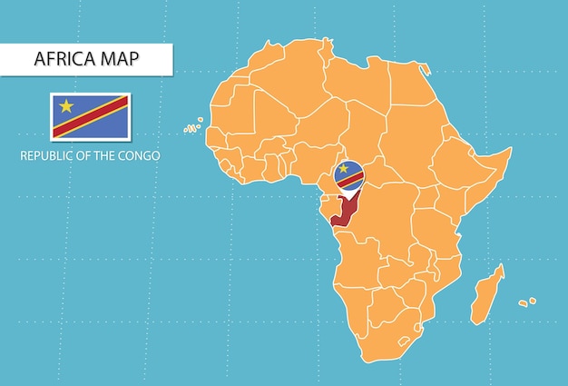 Vector mapa de la república del congo en áfrica, íconos que muestran la ubicación y las banderas de la república del congo.