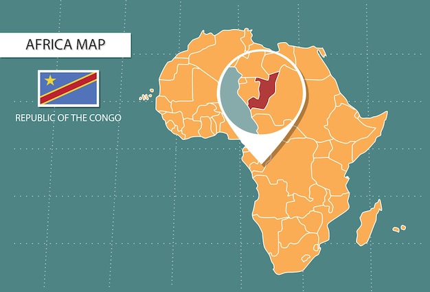 mapa de la república del congo en África iconos de la versión de zoom que muestran la ubicación y las banderas del congo