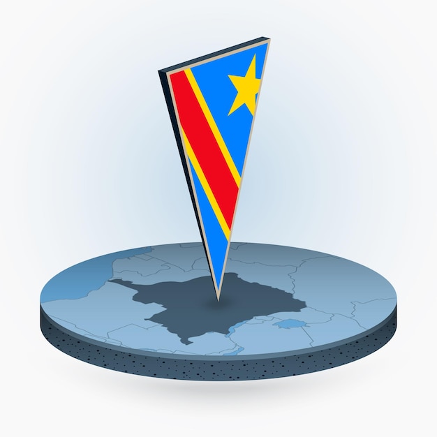 Mapa de la República Democrática del Congo en estilo isométrico redondo con bandera triangular 3D de la República Democrática del Congo