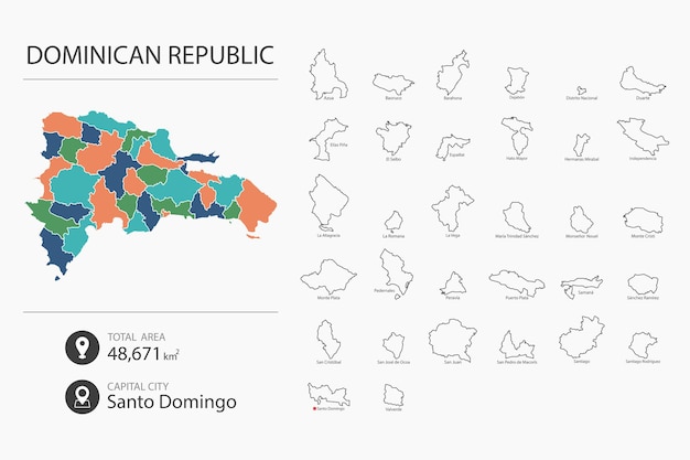 Mapa de República Dominicana con mapa detallado del país Elementos del mapa de ciudades áreas totales y capital