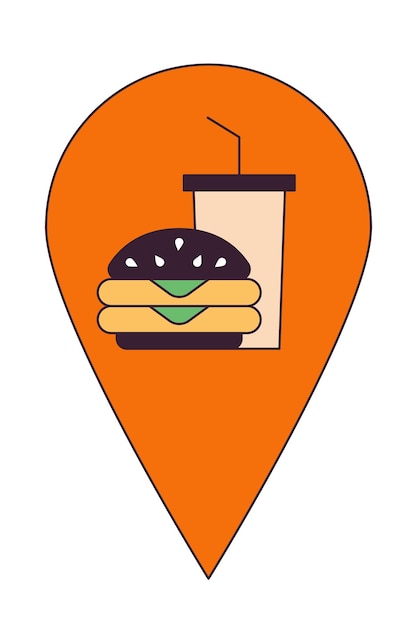 Mapa de restaurantes de comida rápida punto exacto objeto de dibujos animados lineal 2D marca de ubicación del edificio de comida rápida elemento vectorial de línea aislada fondo blanco Hamburger stand pin mapping color ilustración de punto plano