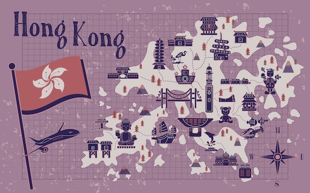 Mapa retro de viajes de Hong Kong en papel de carta