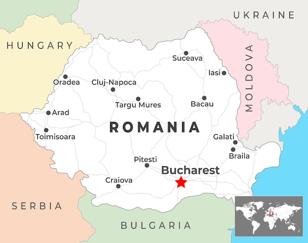 Vector mapa de rumania con la capital bucarest, las ciudades más importantes y las fronteras nacionales