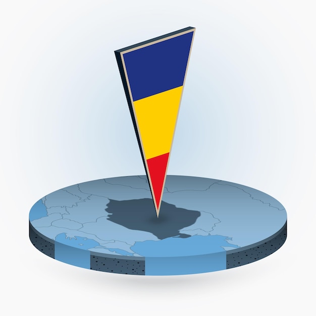 Mapa de Rumania en estilo isométrico redondo con bandera triangular 3D de Rumania