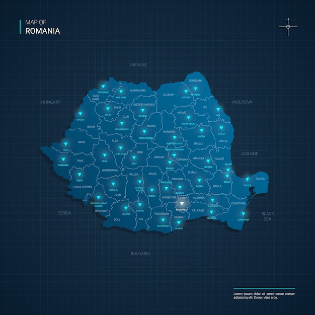 Mapa de Rumania con puntos de luz de neón azul