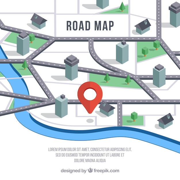 Vector mapa de ruta con punteros en estilo isométrico