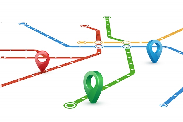 Vector mapa de rutas de metro y punteros.