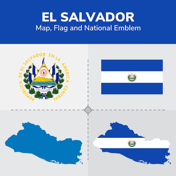 Vector mapa de el salvador, bandera y emblema nacional