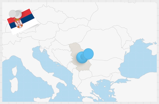 Vector mapa de serbia con un alfiler azul anclado bandera de serbia