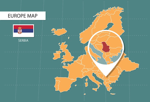 mapa de serbia en los iconos de la versión de zoom de Europa que muestran la ubicación y las banderas de serbia