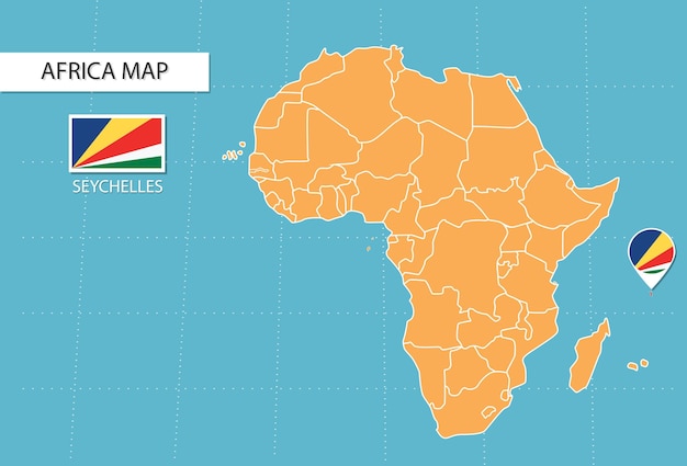 Vector mapa de seychelles en áfrica, iconos que muestran la ubicación y las banderas de seychelles.