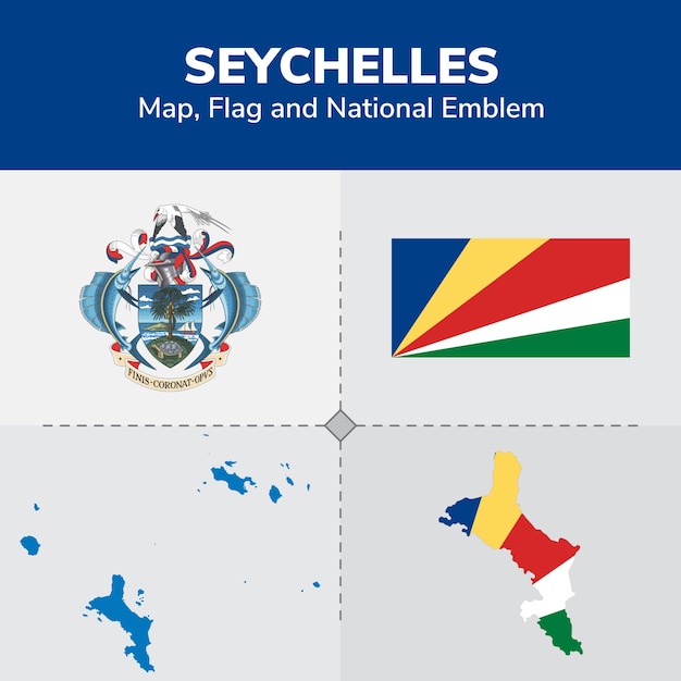 Mapa de seychelles, bandera y emblema nacional