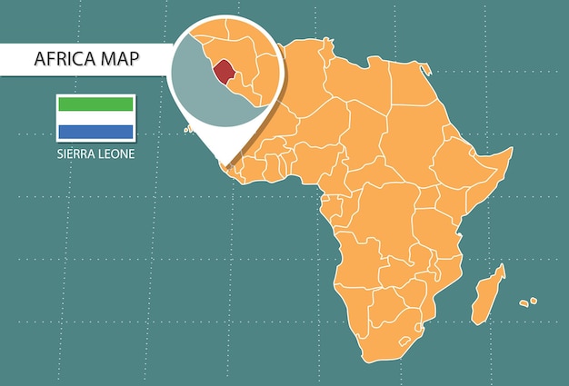 mapa de sierra leona en África iconos de la versión de zoom que muestran la ubicación y las banderas de sierra leona