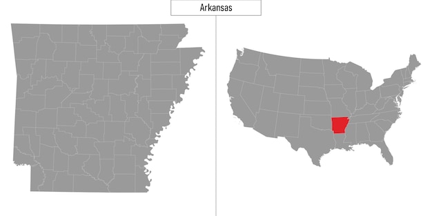 Mapa simple del estado de Arkansas de Estados Unidos y ubicación en el mapa de EE. UU.