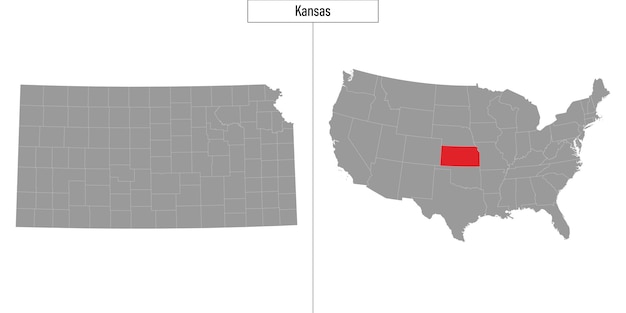 Mapa simple del estado de Kansas de Estados Unidos y ubicación en el mapa de EE. UU.