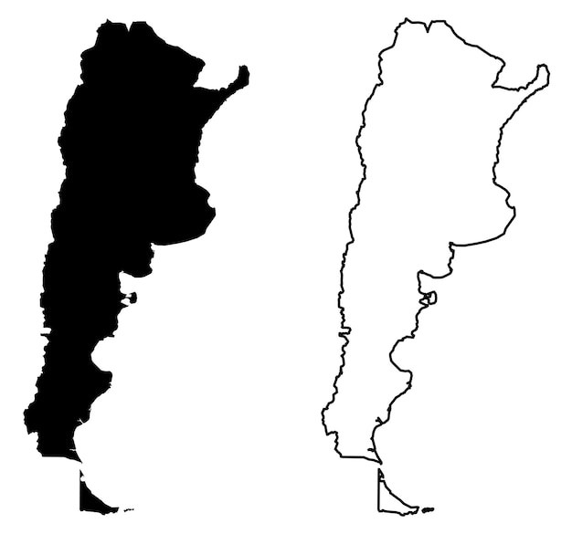 Mapa simple (solo esquinas afiladas) de dibujo vectorial de Argentina (República Argentina). Proyección de Mercator. Versión rellena y delineada.