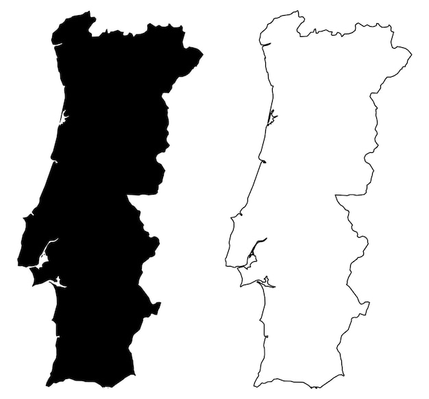 Mapa simple (solo esquinas afiladas) del dibujo vectorial de Portugal. Proyección de Mercator. Versión rellena y delineada.