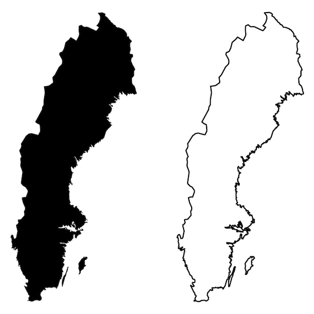 Mapa simple (solo esquinas afiladas) del dibujo vectorial de suecia. proyección de mercator. versión rellena y delineada.